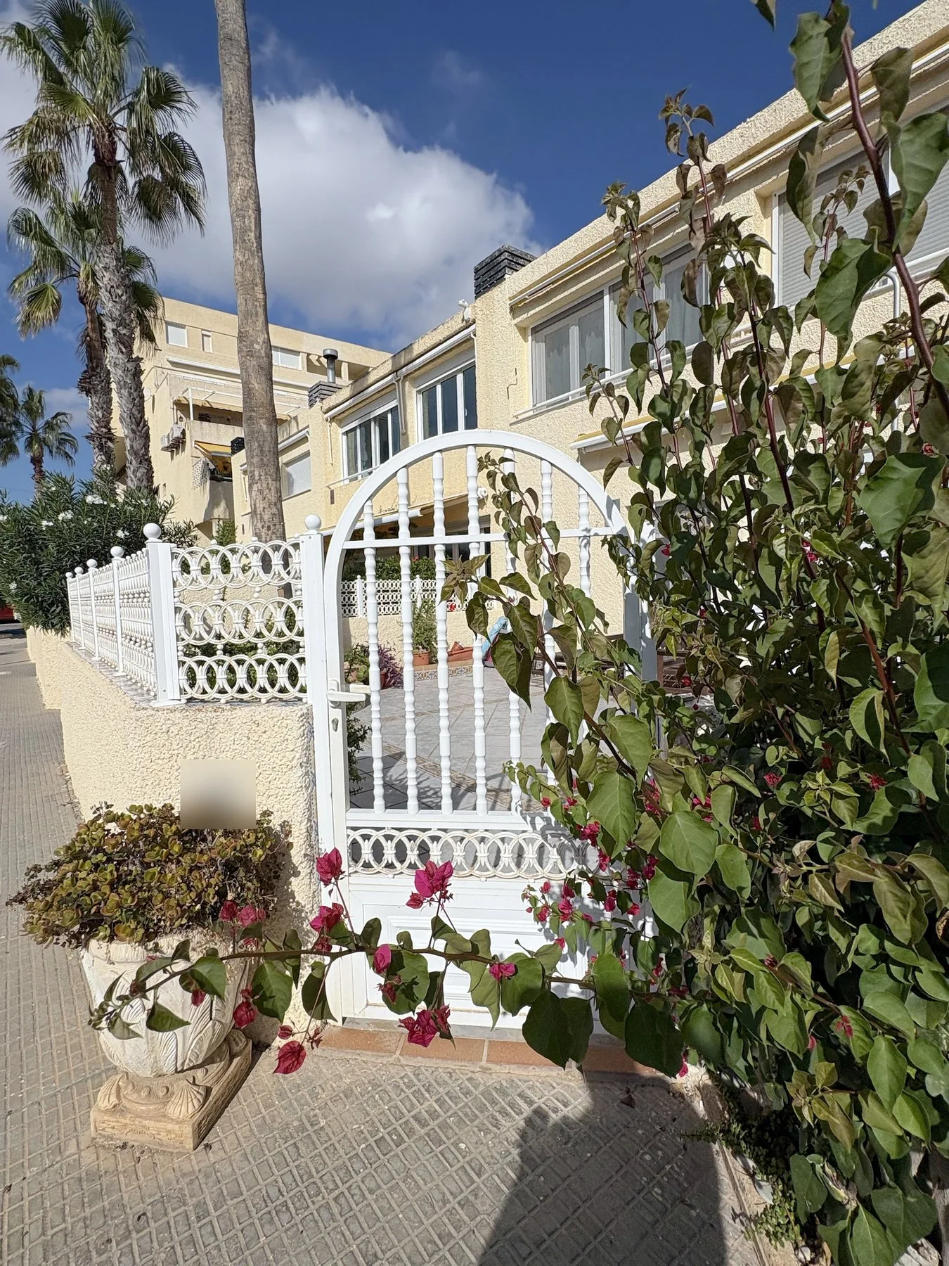 Pedestrian entrance with gate and bougainvillea